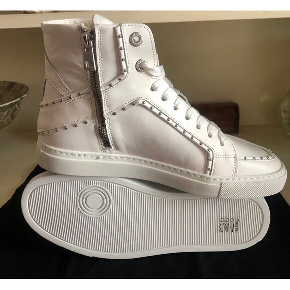 NIB ZADIG & VOLTAIRE HIGH FLASH STUDDED TRIM TOP WHITE LEATHER SNEAKERS SIZe 7 - Picture 1 of 16